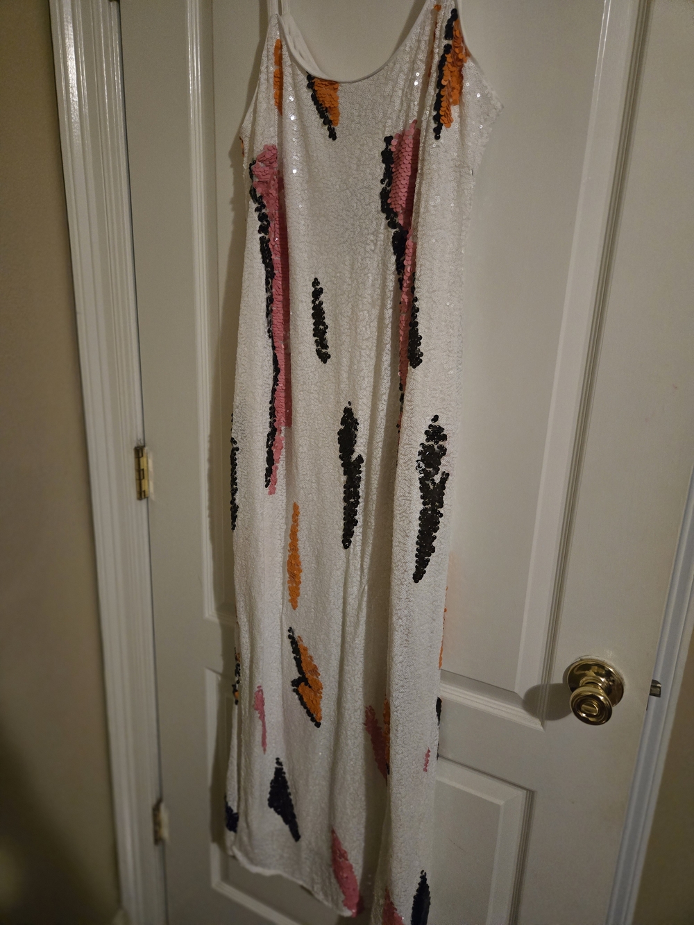 BRAND NEW Eloquii White Sequin Maxi Dress with Pink, Orange and Black Accents